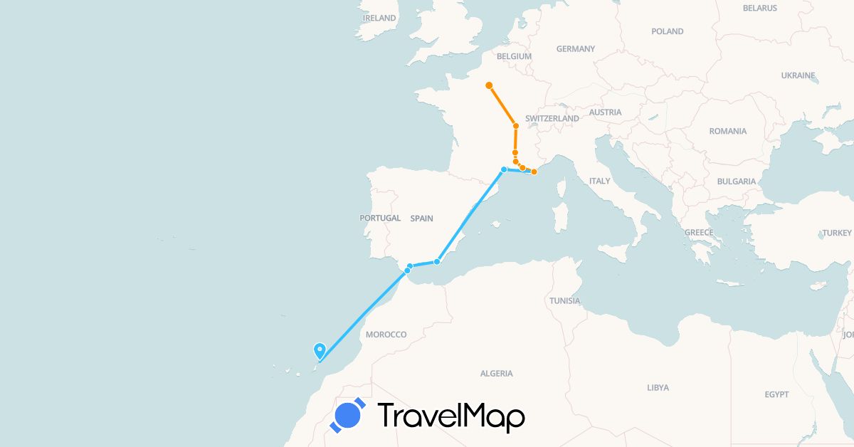 TravelMap itinerary: driving, boat, hitchhiking in Spain, France, Gibraltar (Europe)